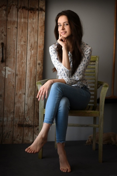 Brunette teen Alisa Amore unveils her cute ttities and hot body on chair